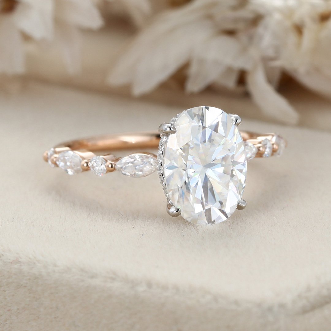 2.50 Carats Oval Shape Moissanite Hidden Halo & Pave Engagement Ring