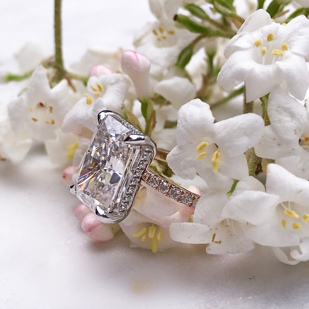 5.60 Carats Radiant Shape Moissanite Hidden Halo & Pave Engagement Ring
