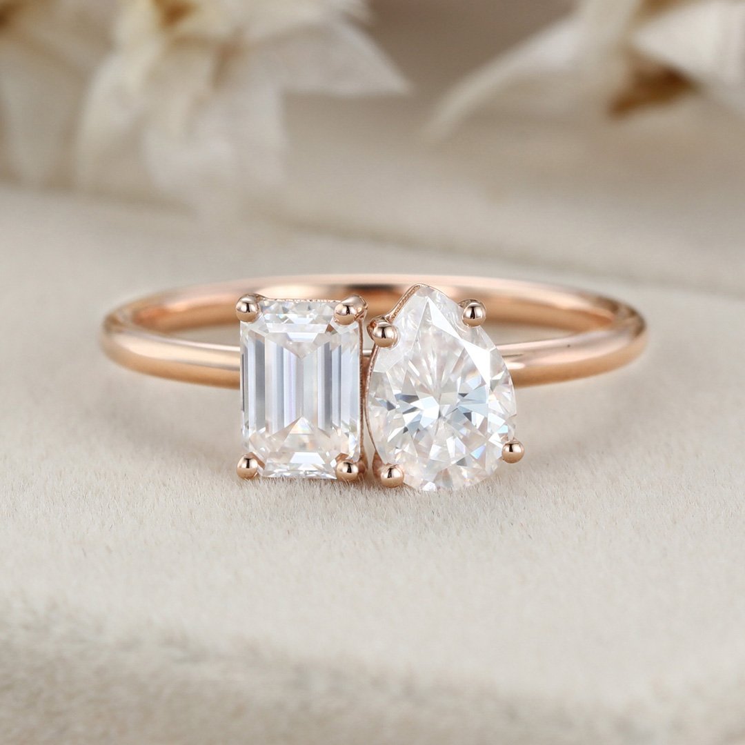 1.40 Carats Pear & Emerald Shape Moissanite Two Stone Engagement Ring