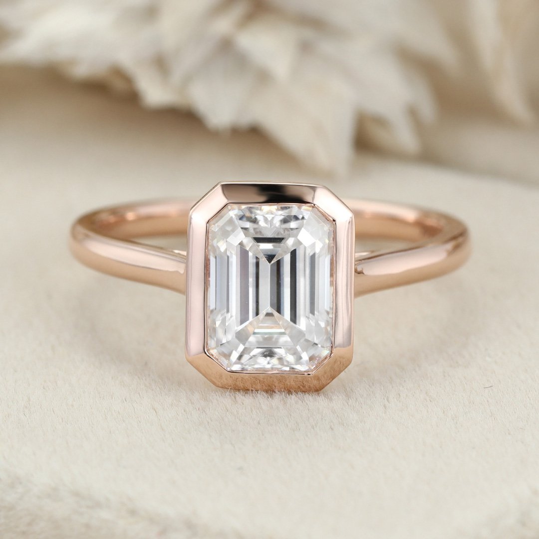 2.0 Carats Emerald Shape Moissanite Bezel Solitaire Engagement Ring