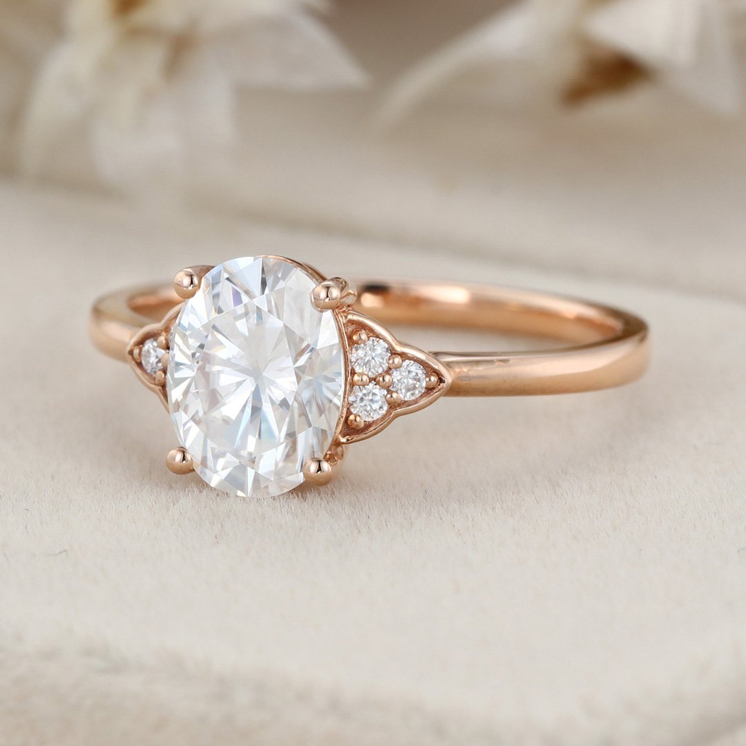 1.50 Carats Oval Shape Moissanite Cluster Engagement Ring