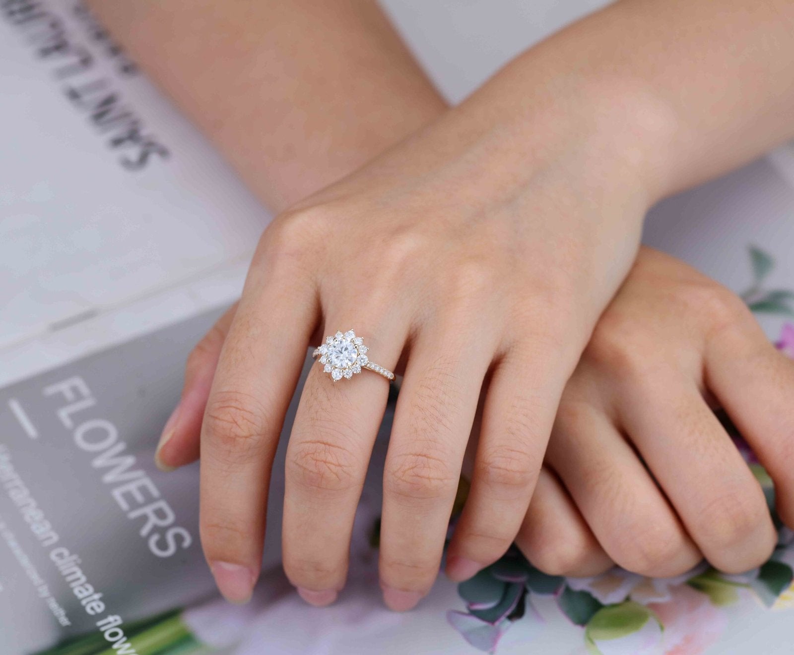 1.0 Carats Round Shape Moissanite Halo & Pave Engagement Ring