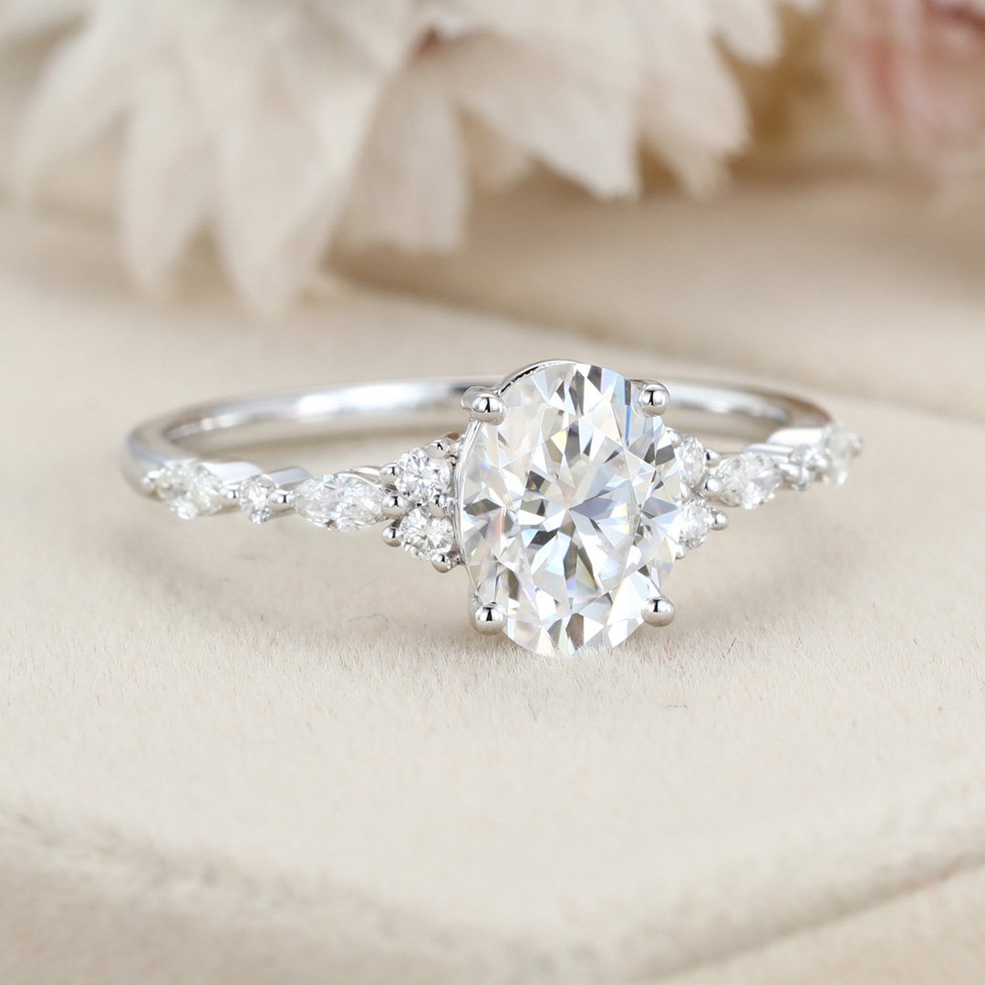 1.50 Carats Oval Shape Moissanite Cluster Engagement Ring