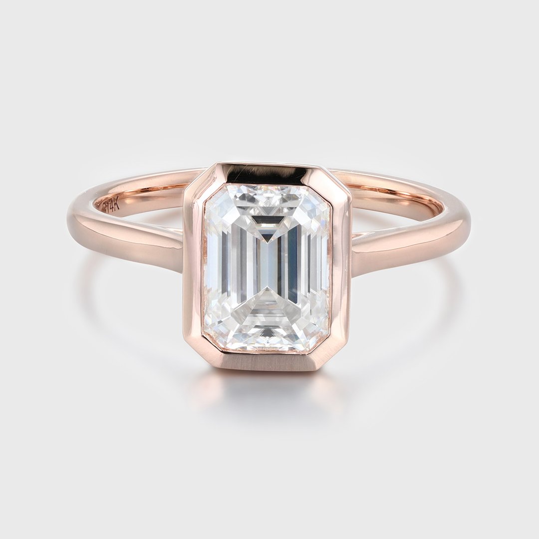 2.0 Carats Emerald Shape Moissanite Bezel Solitaire Engagement Ring