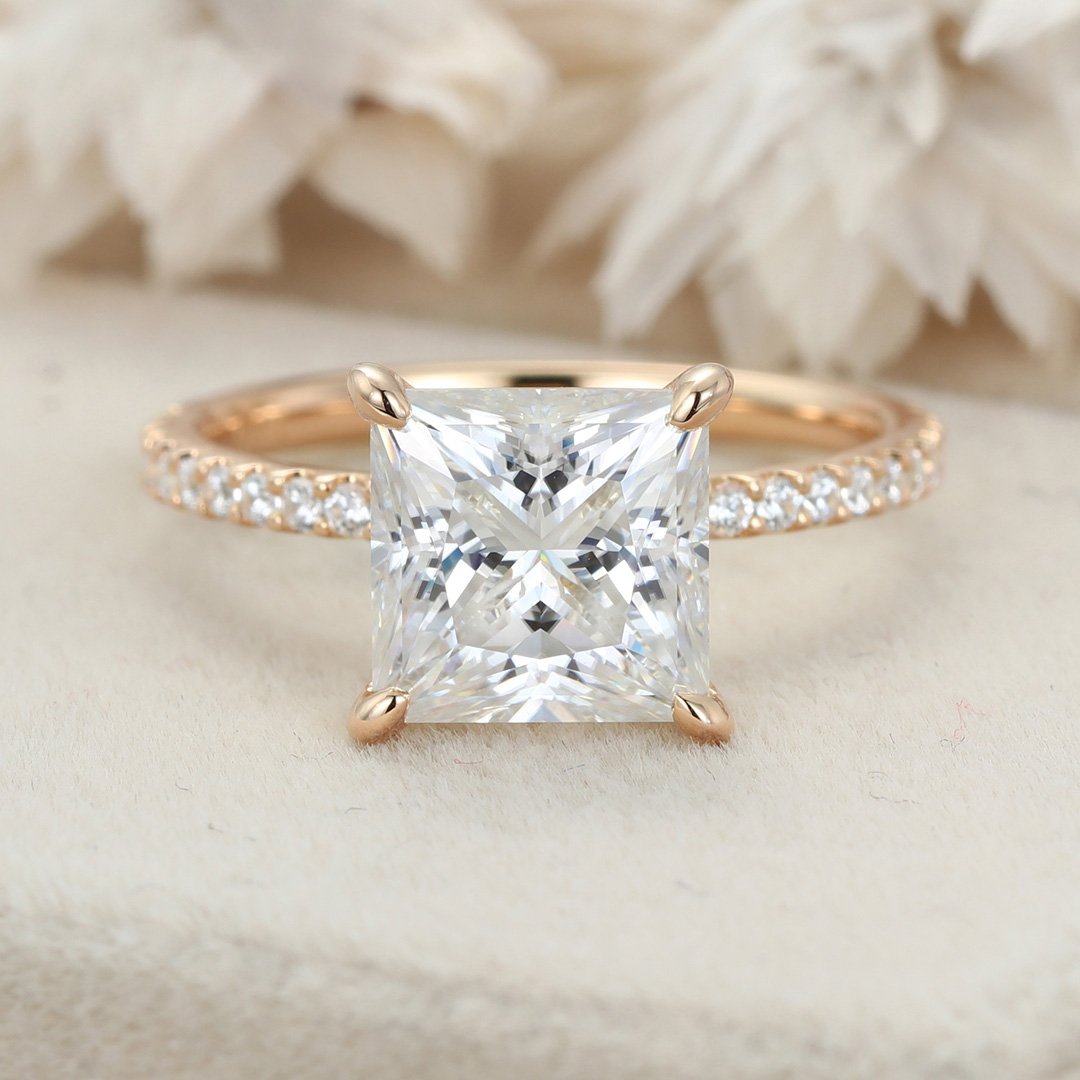 3.0 Carats Princess Shape Moissanite Hidden Halo & Pave Engagement Ring