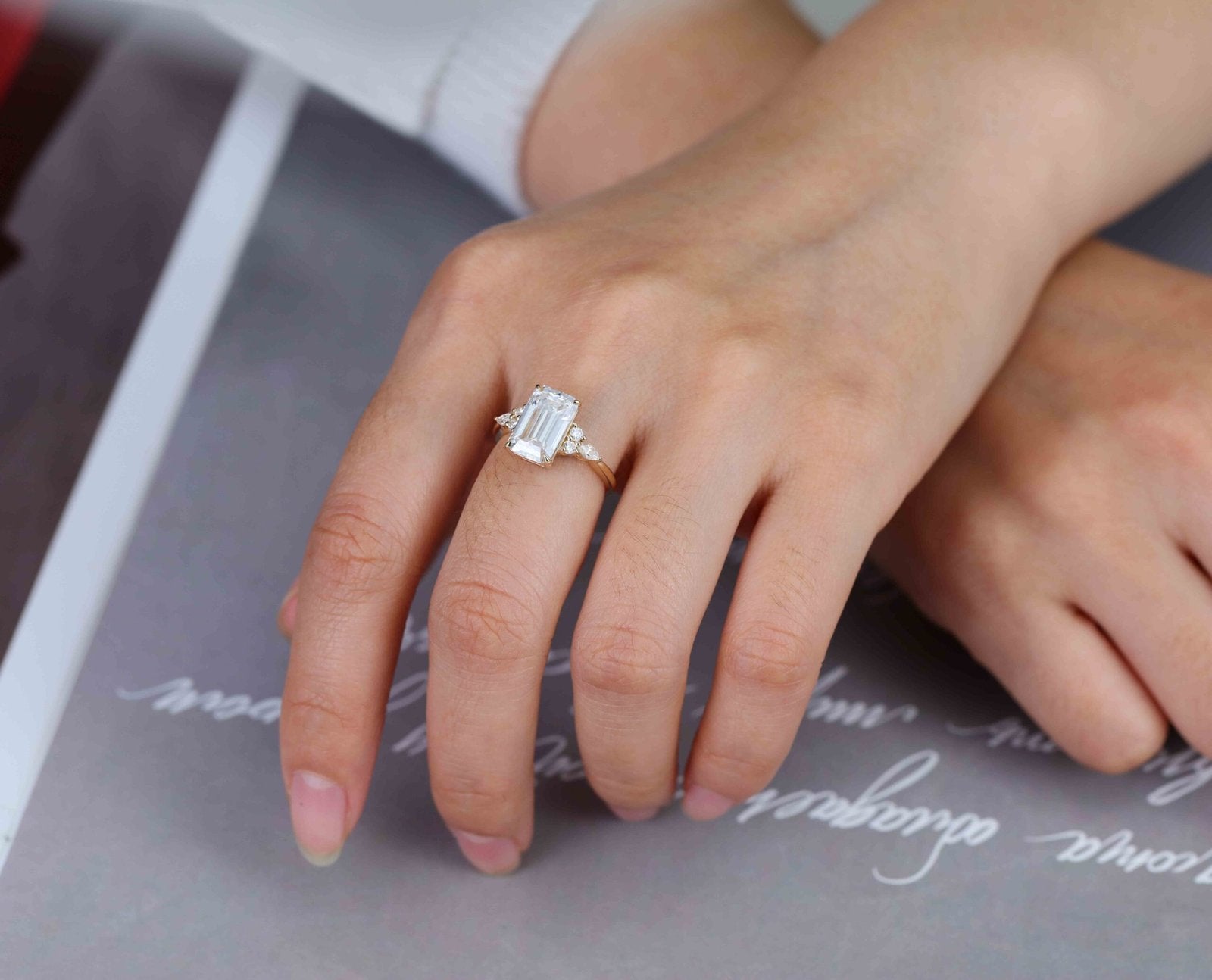 3.50 Carats Emerald Shape Moissanite Cluster Engagement Ring
