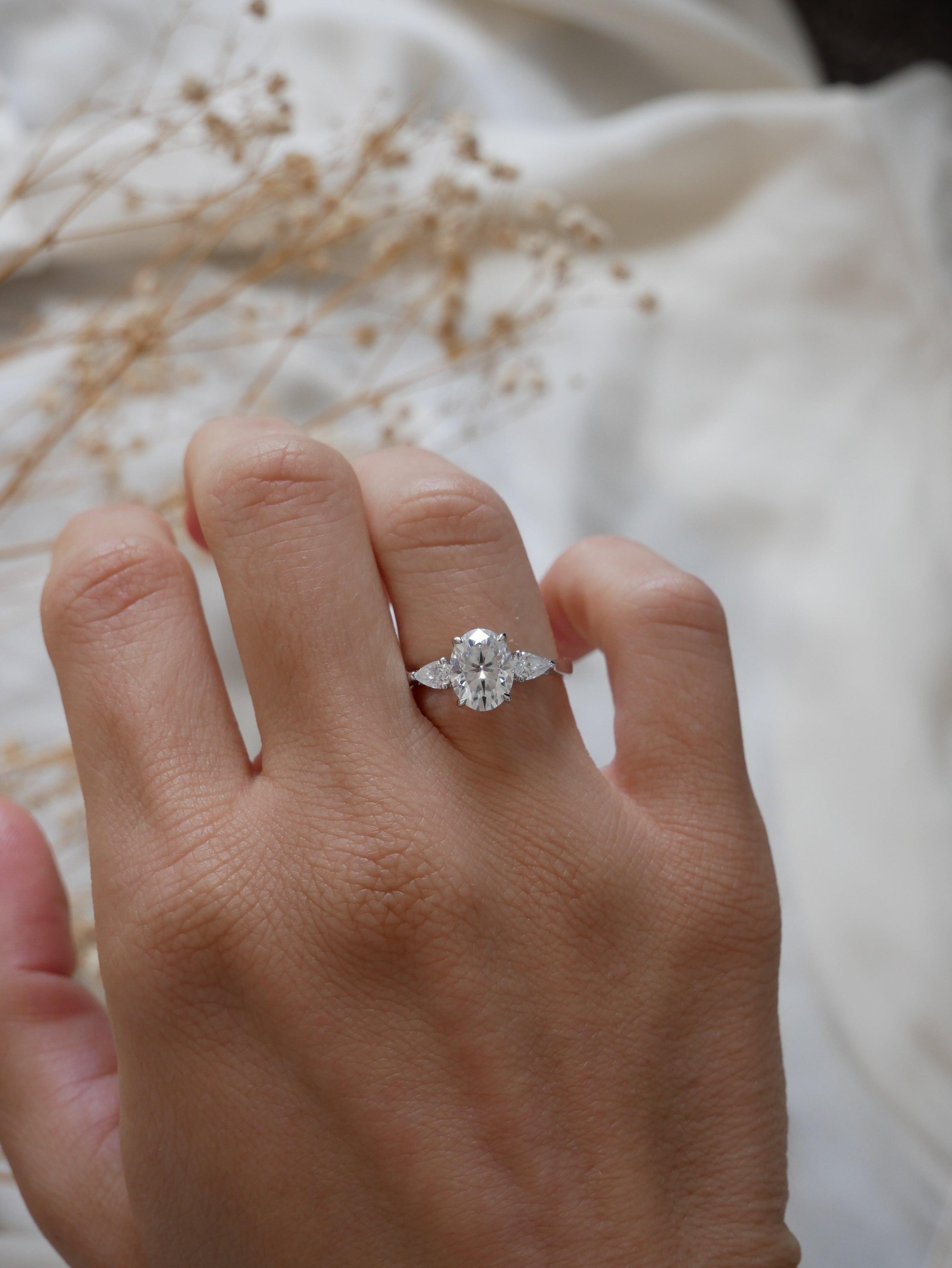 1.50 Carats Oval Shape Moissanite Three Stone Engagement Ring