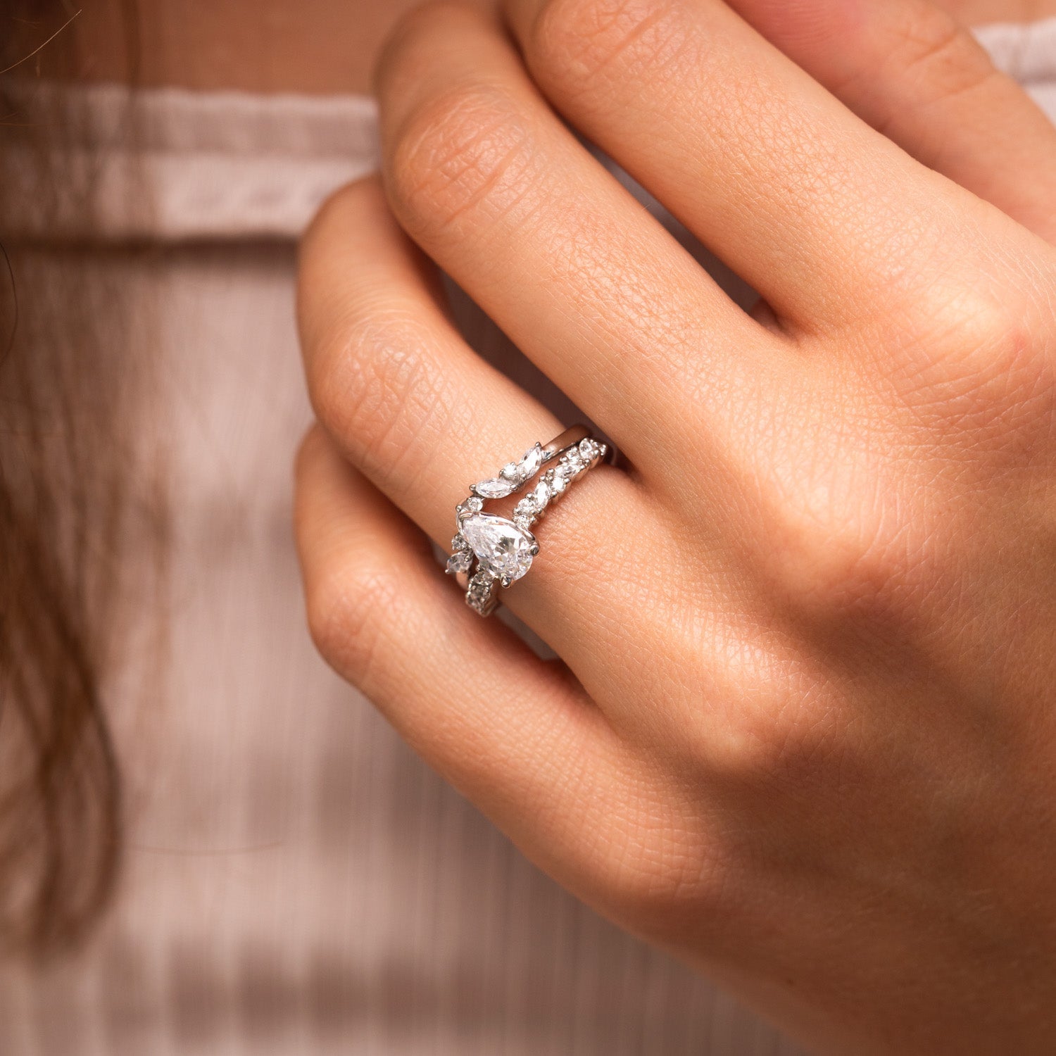 1.09 Carats Pear Shape Moissanite Pave Engagement Ring