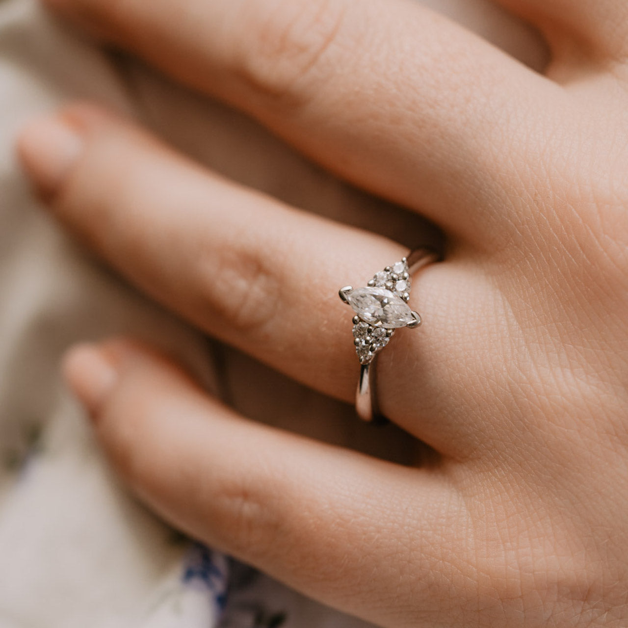 0.93 Carats Marquise Shape Moissanite Cluster Engagement Ring