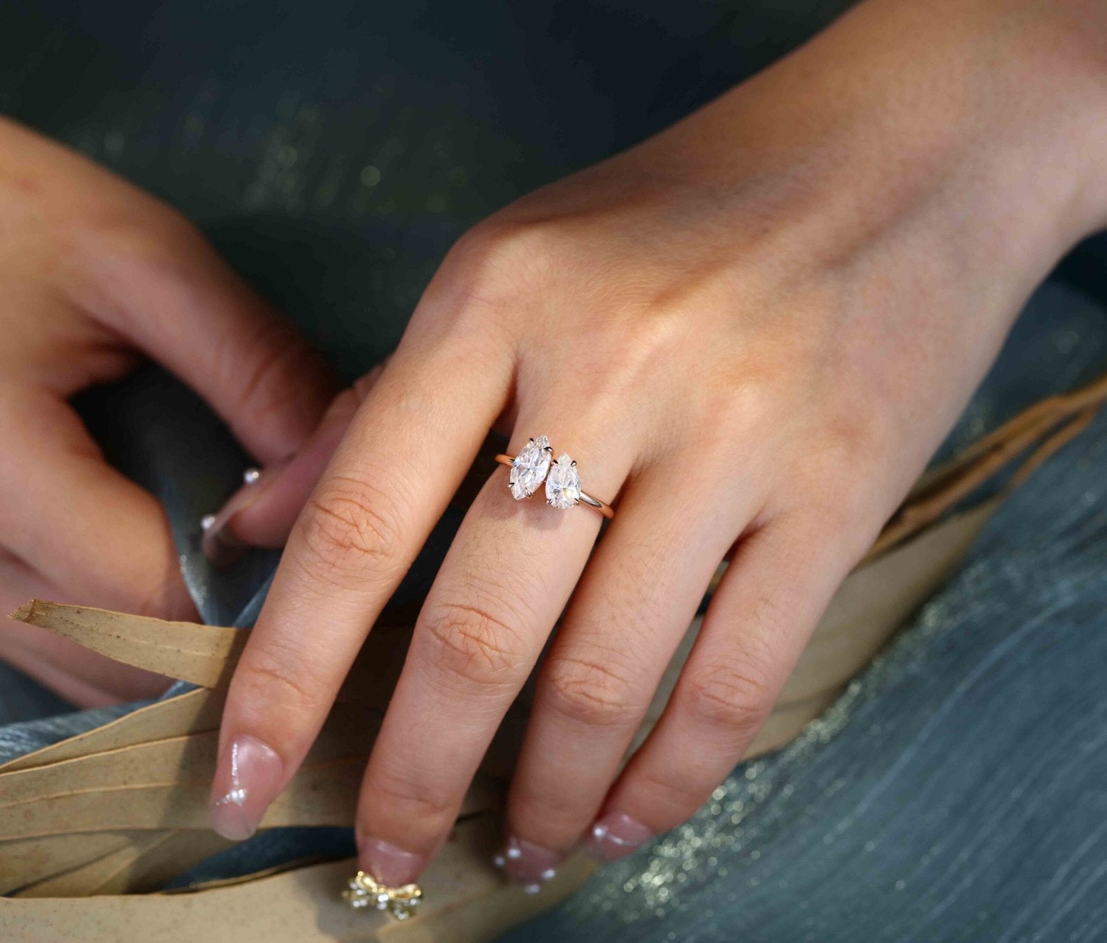 2.0 Carats Pear & Marquise Shape Moissanite Two Stone Engagement Ring