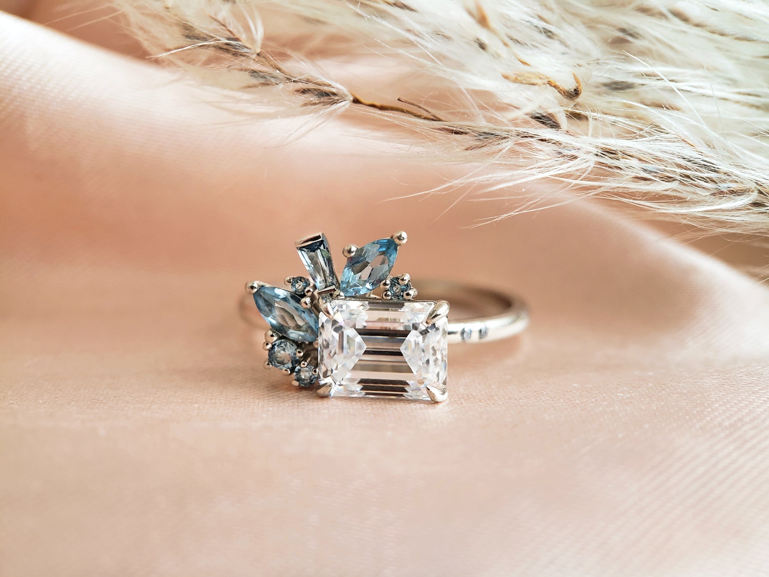 1.75 Carats Emerald Shape Moissanite Cluster Engagement Ring