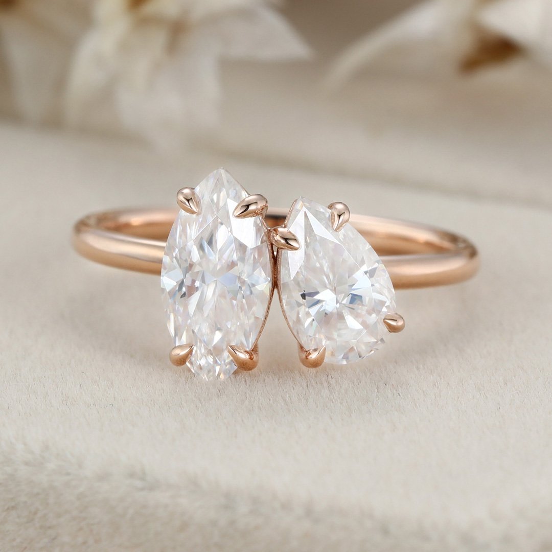 2.0 Carats Pear & Marquise Shape Moissanite Two Stone Engagement Ring