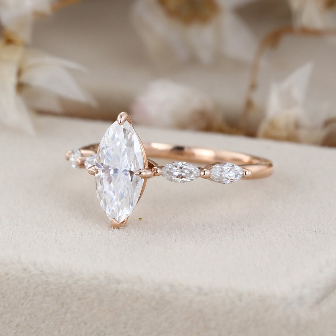 1.0 Carats Marquise Shape Moissanite Pave Engagement Ring