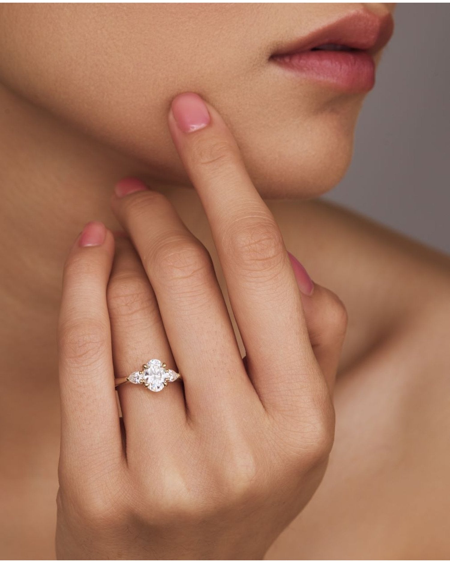 1.30 Carats Oval Shape Moissanite Three Stone Engagement Ring