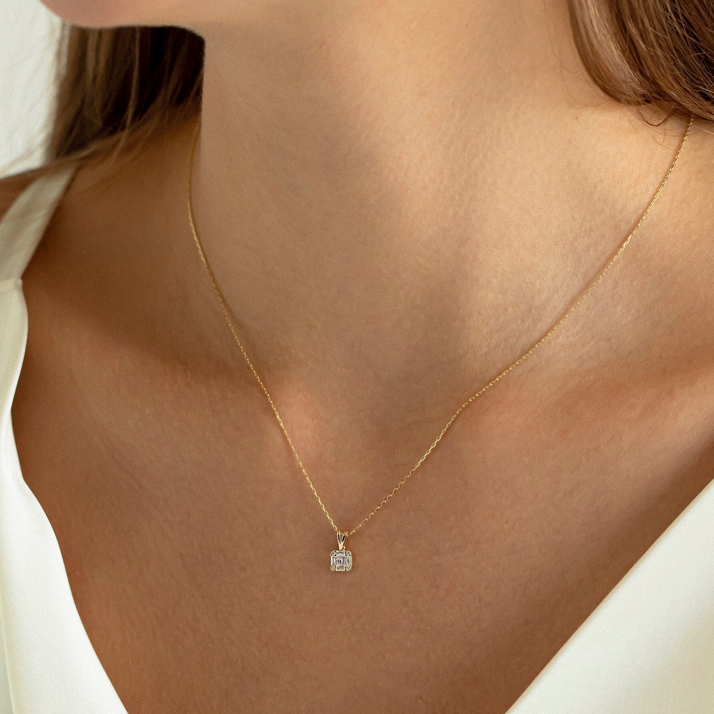 0.18 Carats Baguette & Round Shape Moissanite Square Necklace