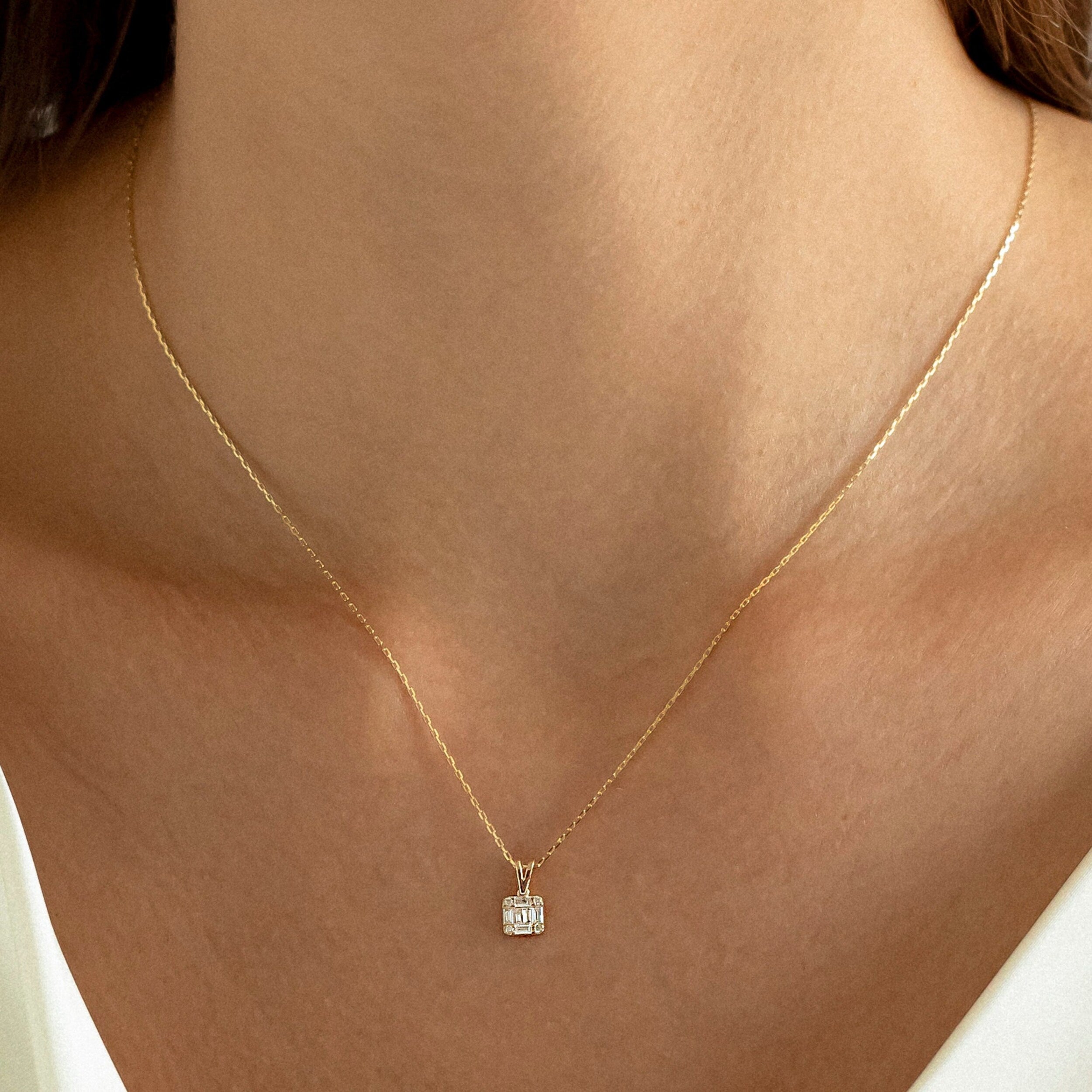 0.18 Carats Baguette & Round Shape Moissanite Square Necklace