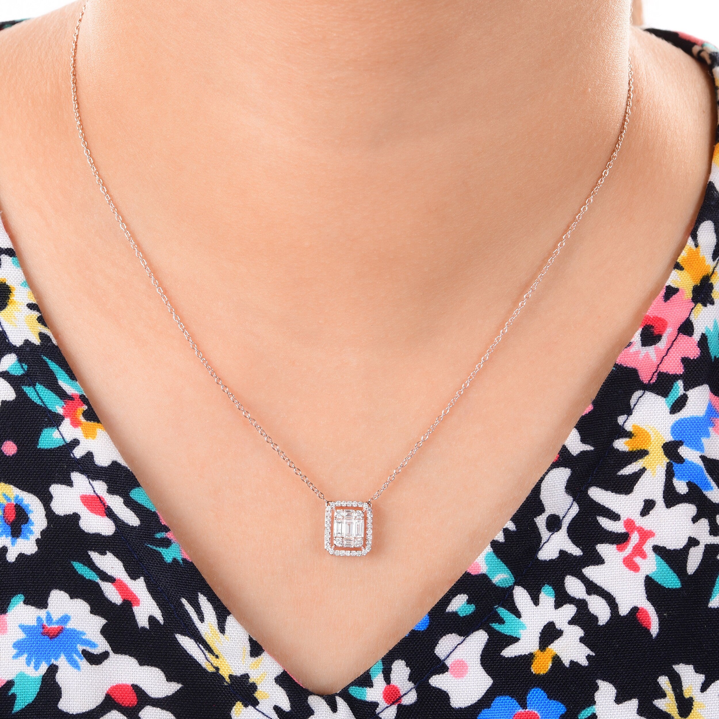 0.64 Carats Baguette Shape Moissanite Halo Necklace