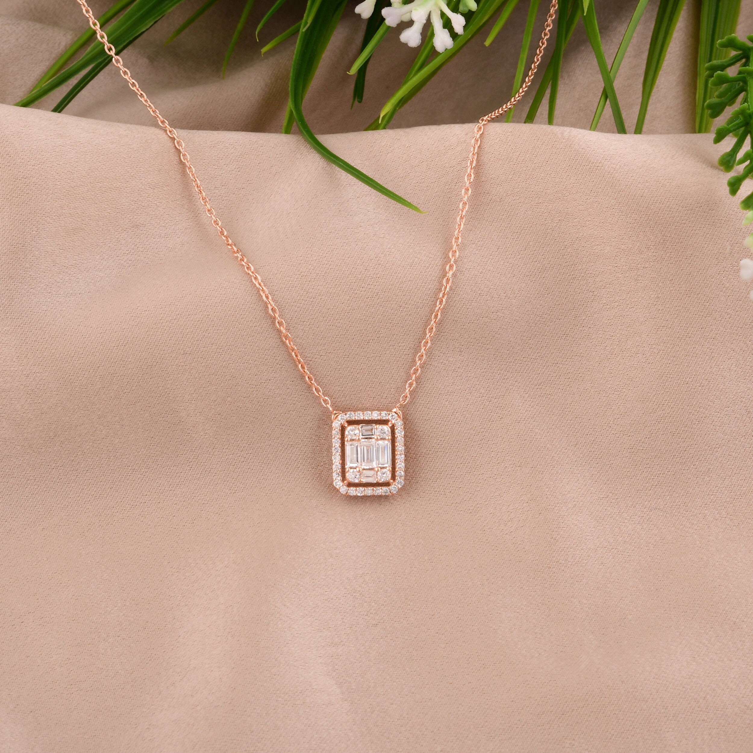 0.64 Carats Baguette Shape Moissanite Halo Necklace