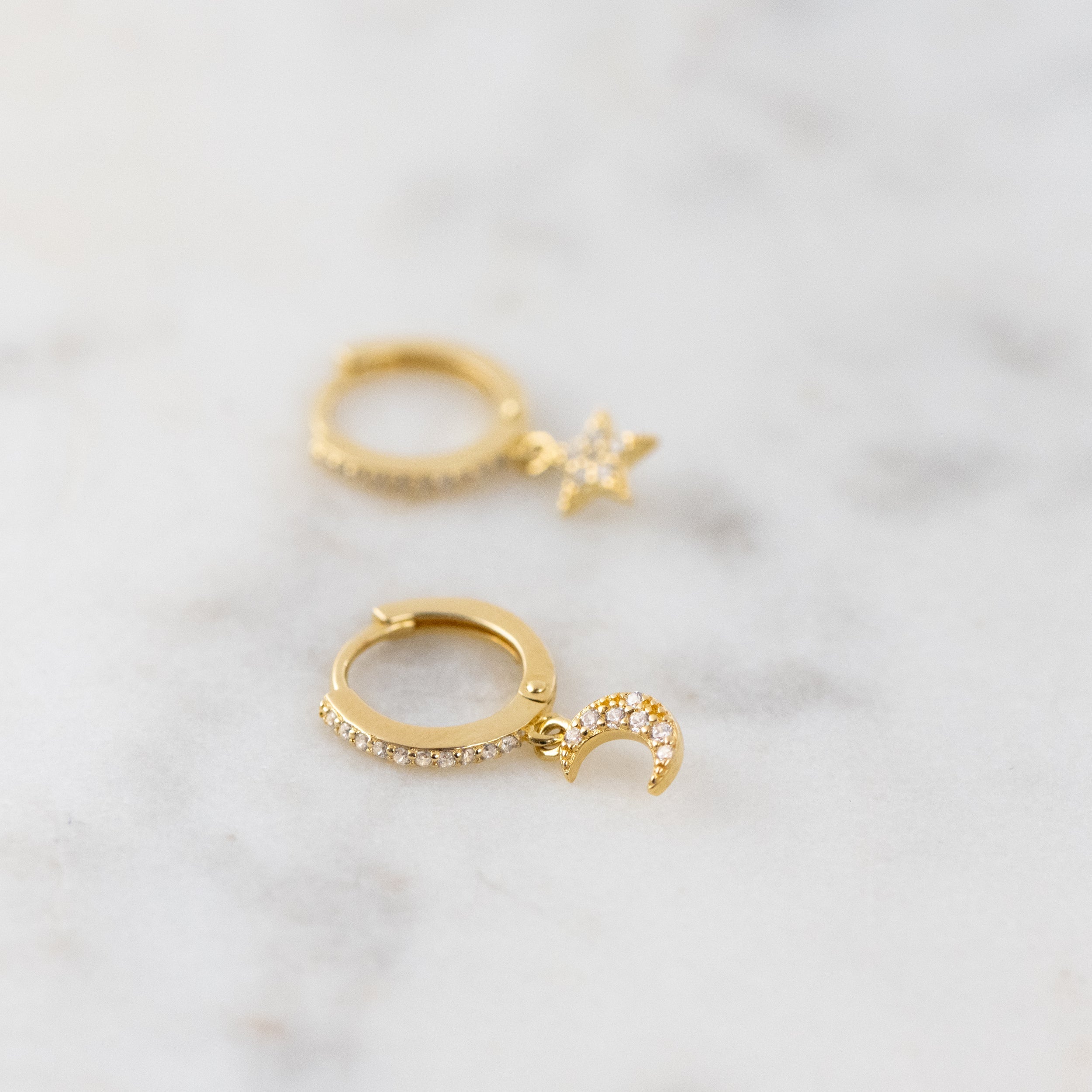 0.80 TCW Round Shape Moissanite Star & Moon Huggies Earrings