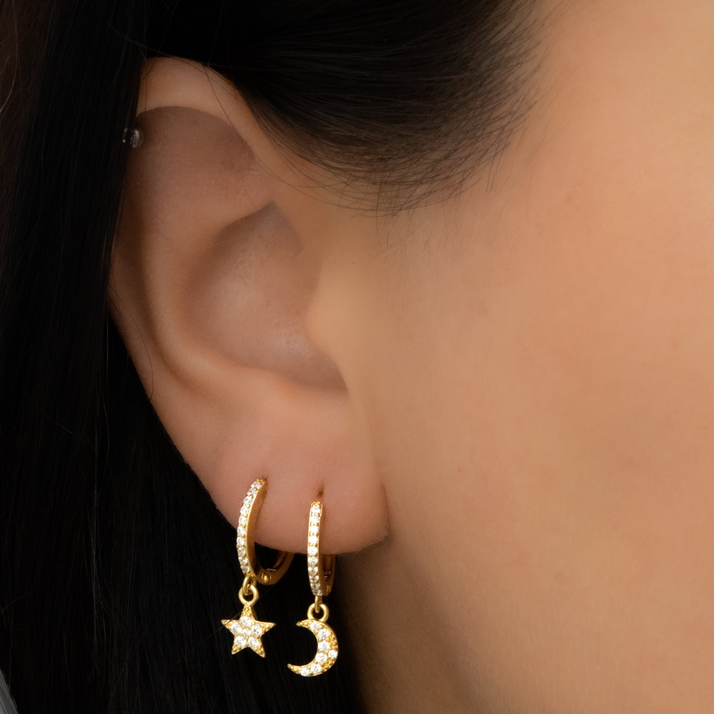 0.80 TCW Round Shape Moissanite Star & Moon Huggies Earrings