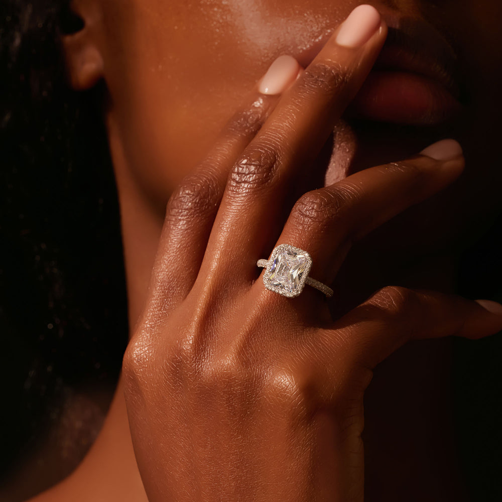 2.0 Carats Lab Grown Diamond Radiant Shape F-VS1 Halo Triple Pave Engagement Ring