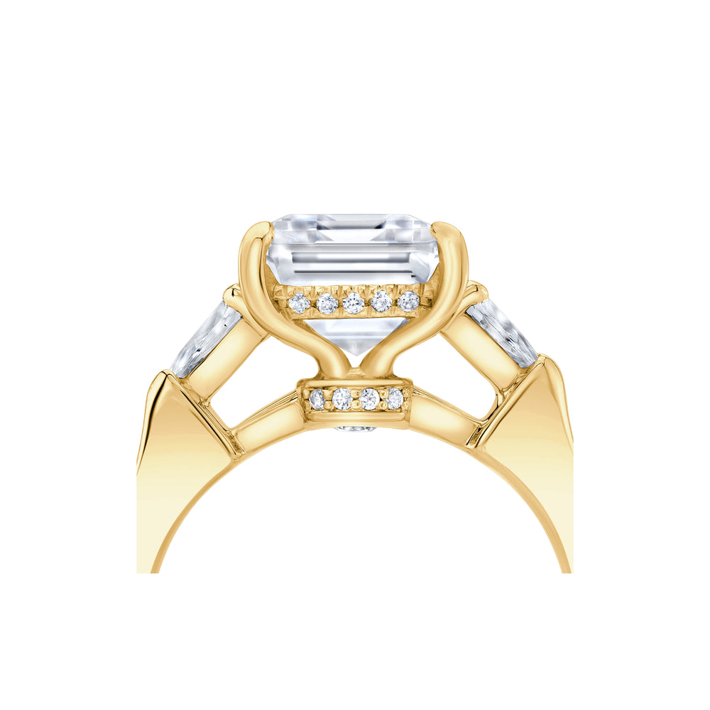 2.0 Carats Lab Grown Diamond Emerald Shape F-VS1 Three Stone & Hidden Halo Engagement Ring