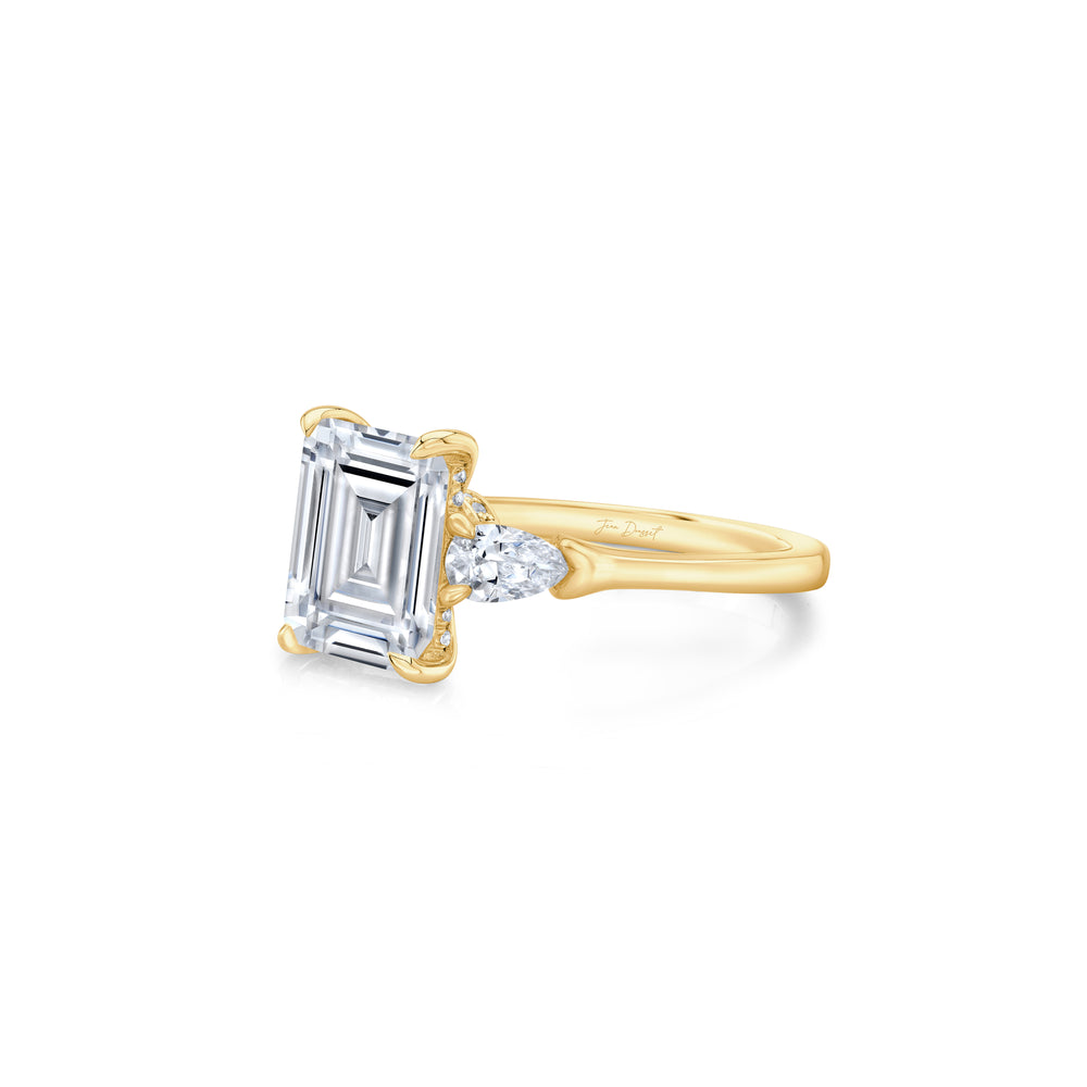 2.0 Carats Lab Grown Diamond Emerald Shape F-VS1 Three Stone & Hidden Halo Engagement Ring