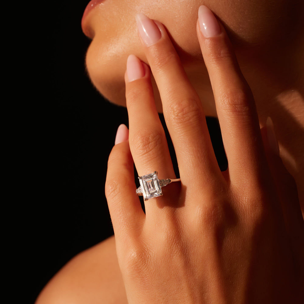 2.0 Carats Lab Grown Diamond Emerald Shape F-VS1 Three Stone & Hidden Halo Engagement Ring