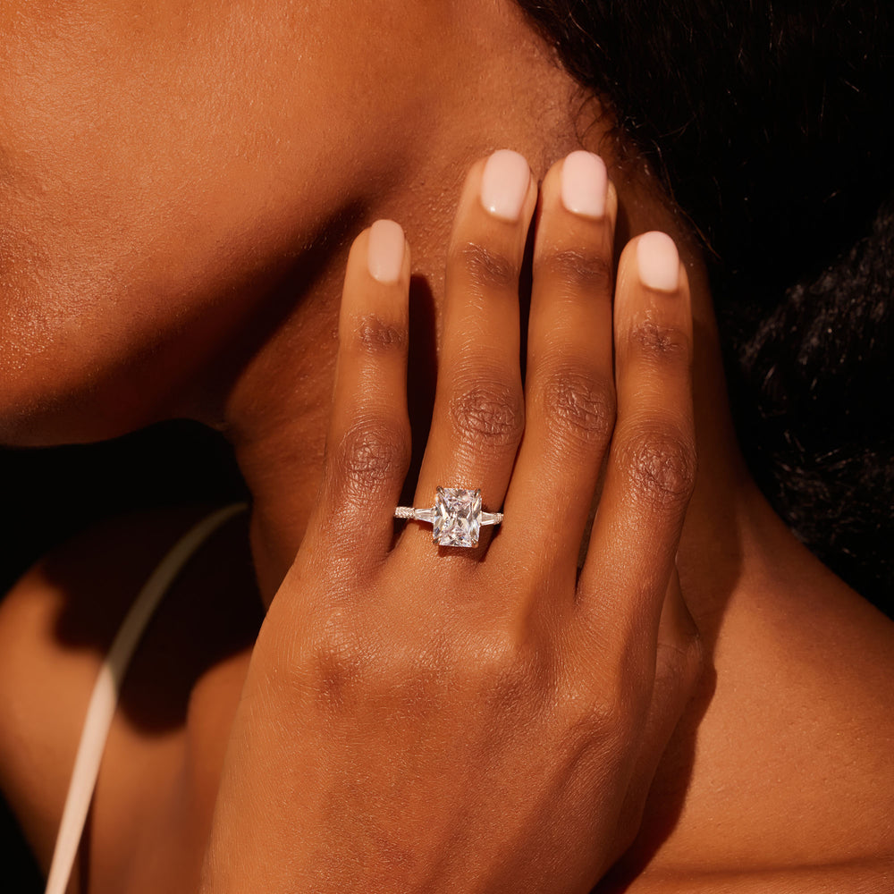 2.0 Carats Lab Grown Diamond Radiant Shape F-VS1 Three Stone & Pave Engagement Ring