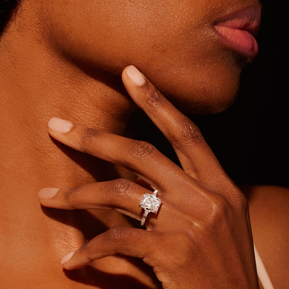 2.0 Carats Lab Grown Diamond Radiant Shape F-VS1 Three Stone & Hidden Halo Engagement Ring