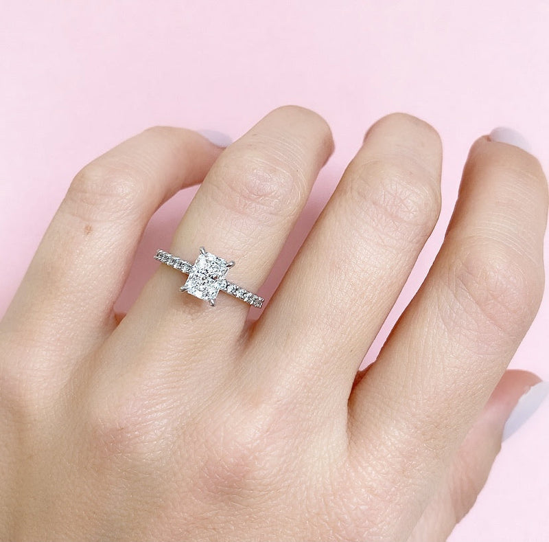 1.0 Carats Lab Grown Diamond Radiant Shape E-VS1 Pave Engagement Ring
