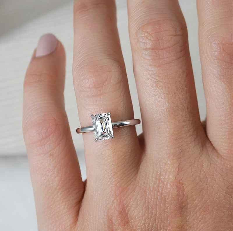 1.0 Carats Lab Grown Diamond Emerald Shape E-VS1 Hidden Halo Engagement Ring