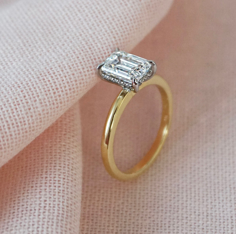 1.50 Carats Lab Grown Diamond Emerald Shape E-VS1 Hidden Halo Two Tone Engagement Ring