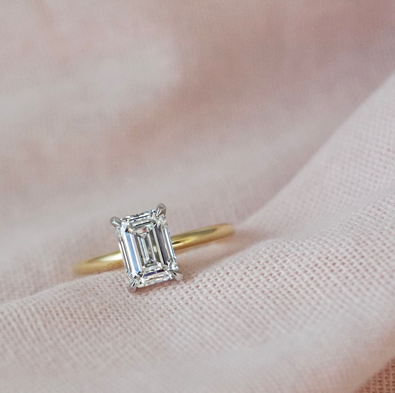 1.50 Carats Lab Grown Diamond Emerald Shape E-VS1 Hidden Halo Two Tone Engagement Ring