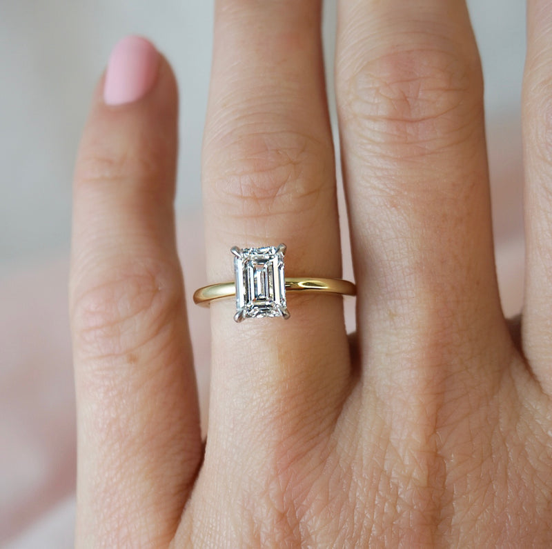 1.50 Carats Lab Grown Diamond Emerald Shape E-VS1 Hidden Halo Two Tone Engagement Ring
