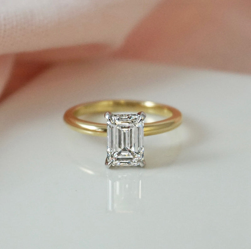 1.50 Carats Lab Grown Diamond Emerald Shape E-VS1 Hidden Halo Two Tone Engagement Ring