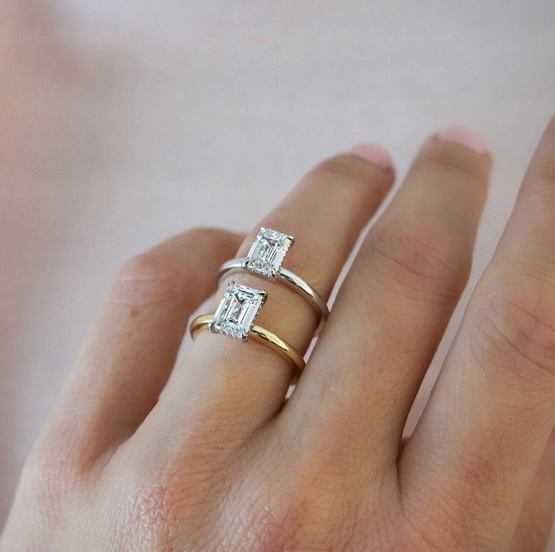 1.50 Carats Lab Grown Diamond Emerald Shape E-VS1 Hidden Halo Two Tone Engagement Ring