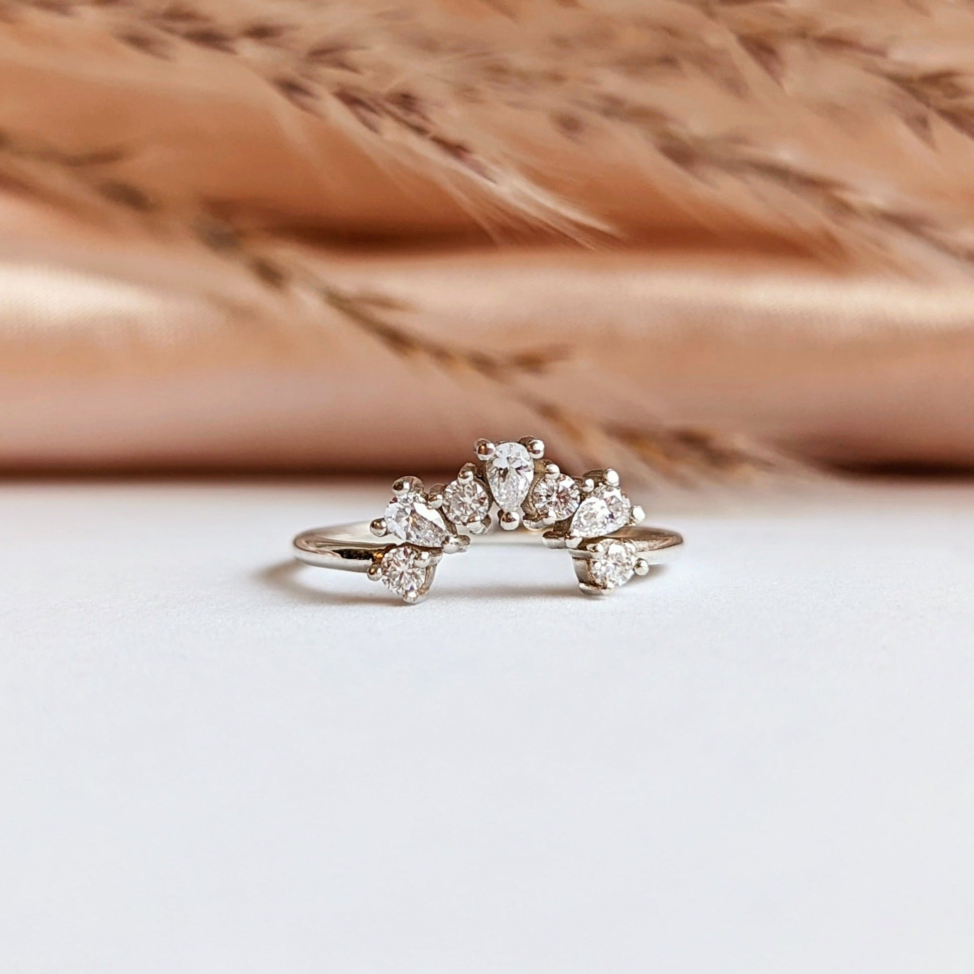 0.15 Carats Moissanite Round & Pear Shape Dainty Curved Wedding Band