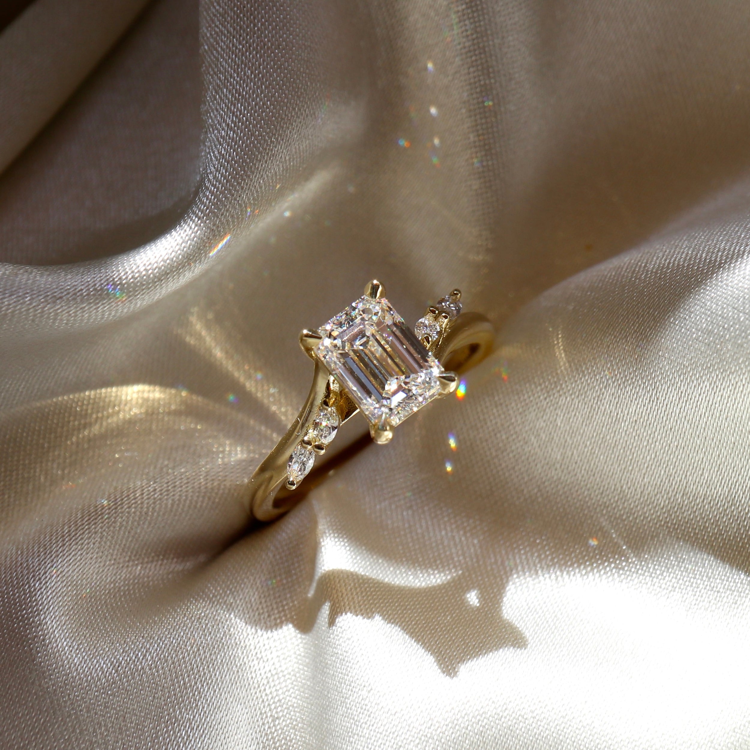 0.80 Carats Emerald Shape Cluster Moissanite Engagement Ring