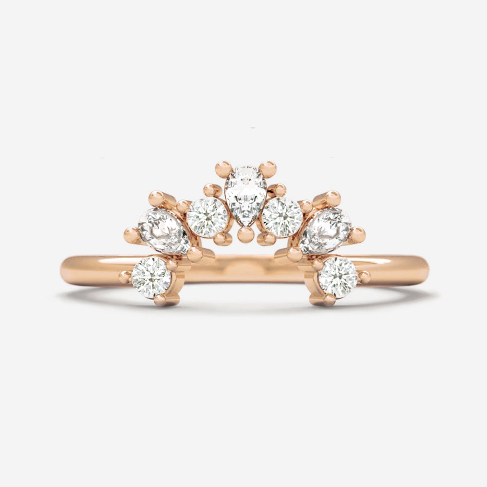 0.15 Carats Moissanite Round & Pear Shape Dainty Curved Wedding Band