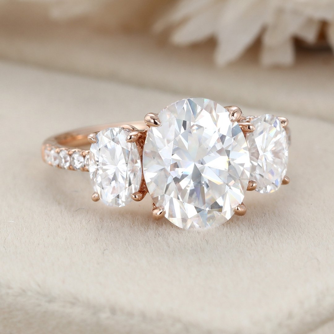 3.0 Carats Oval Shape Moissanite Three Stone & Pave Engagement Ring