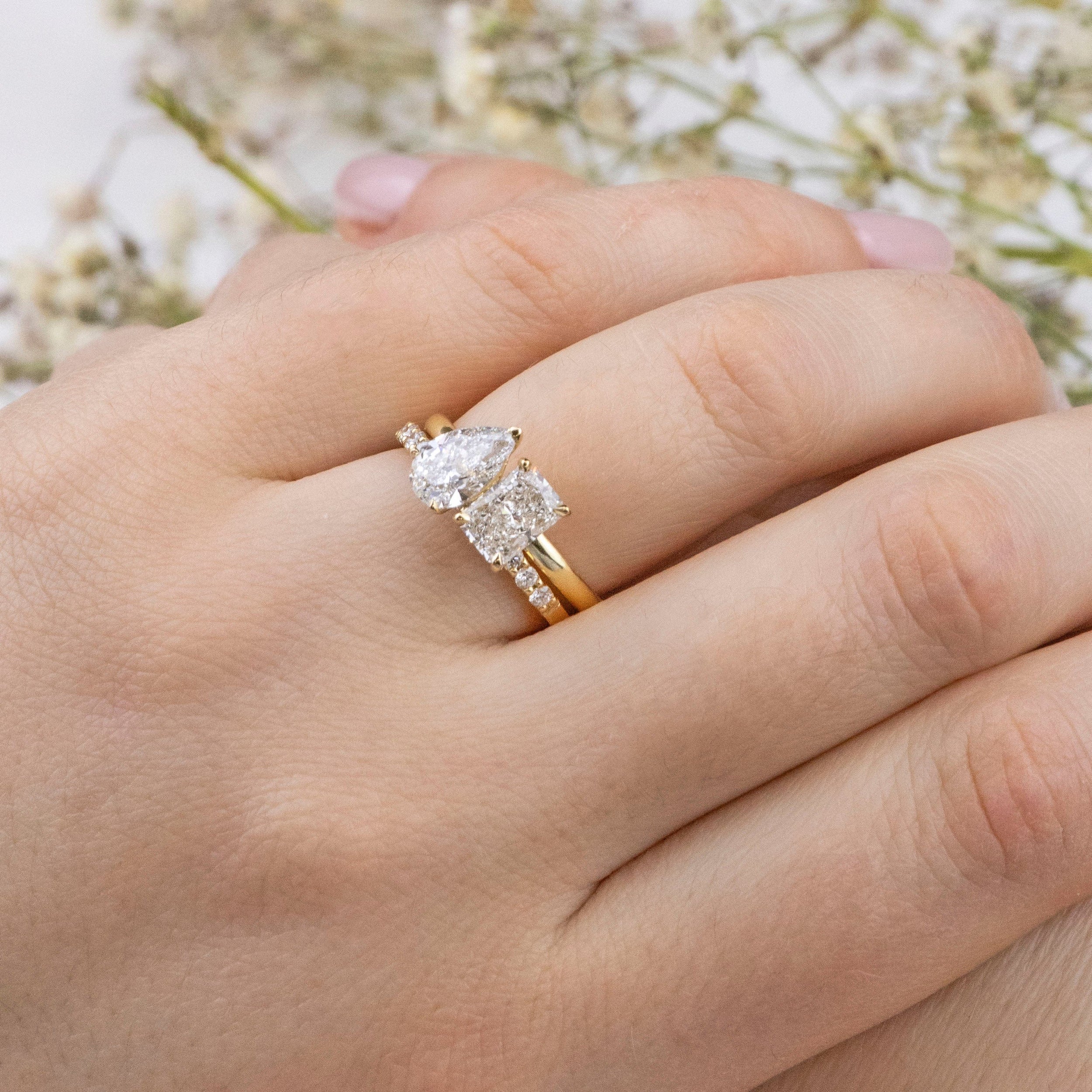 2.0 Carats Pear & Emerald Shape Moissanite Two Stone Engagement Ring