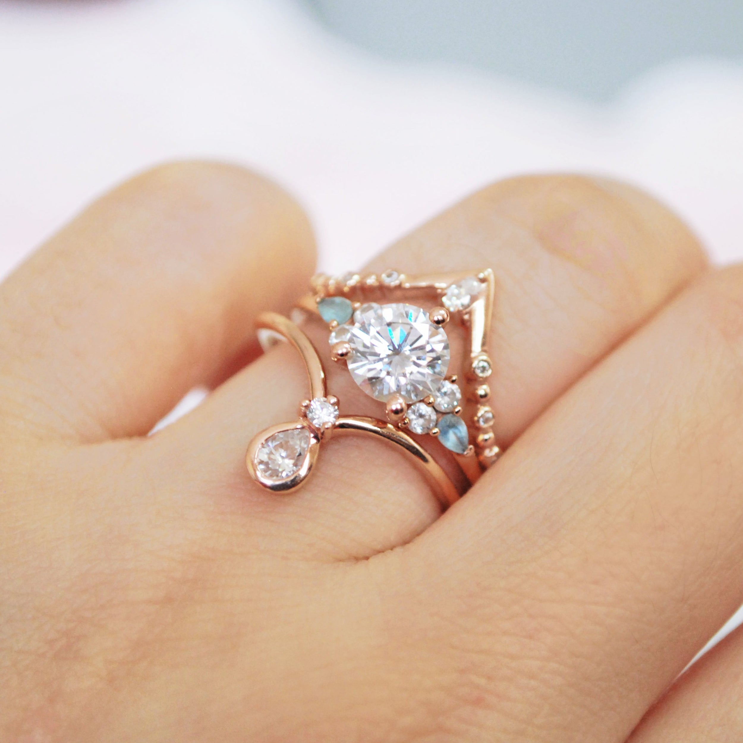 0.10 Carats Moissanite Round & Pear Shape Curved Wedding Band