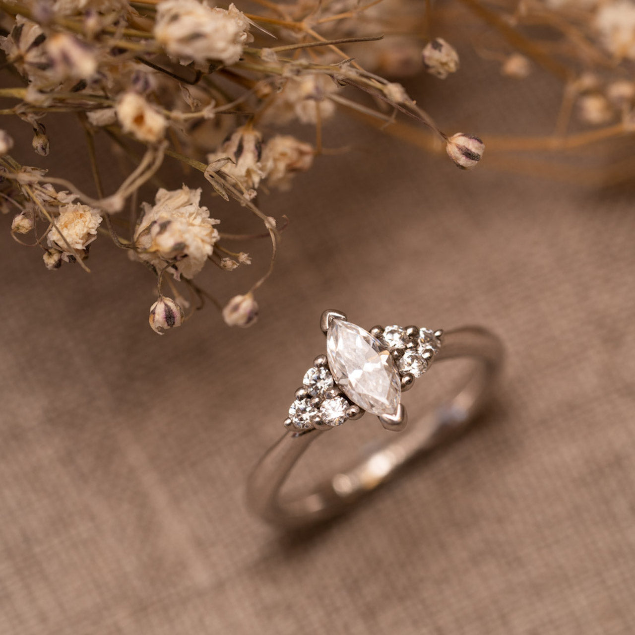 0.93 Carats Marquise Shape Moissanite Cluster Engagement Ring