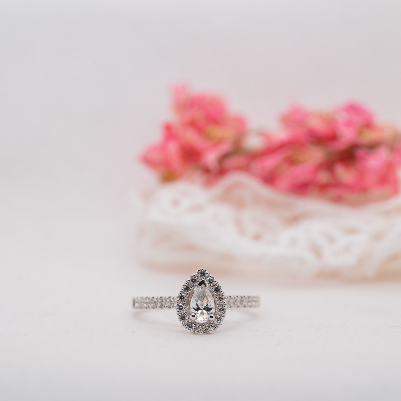 0.95 Carats Pear Shape Moissanite Halo & Pave  Engagement Ring