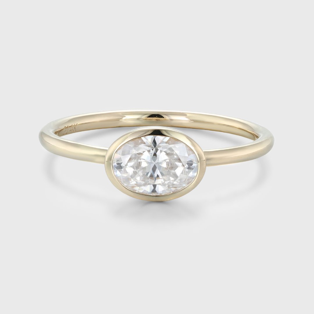 1.0 Carats East West Oval Shape Moissanite Bezel Solitaire Engagement Ring