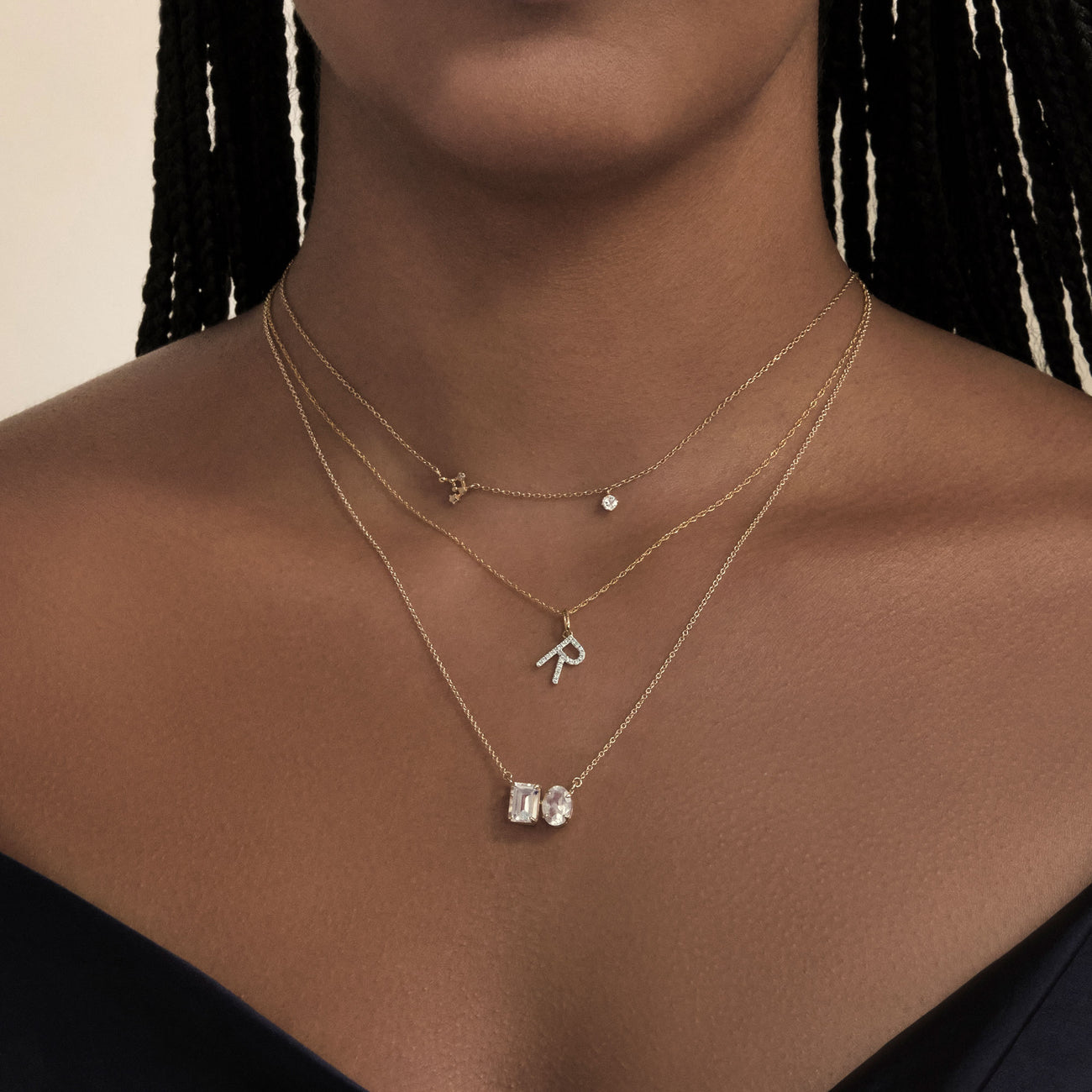 4.0  Carats Oval & Emerald Shape Moissanite Two Stone Necklace