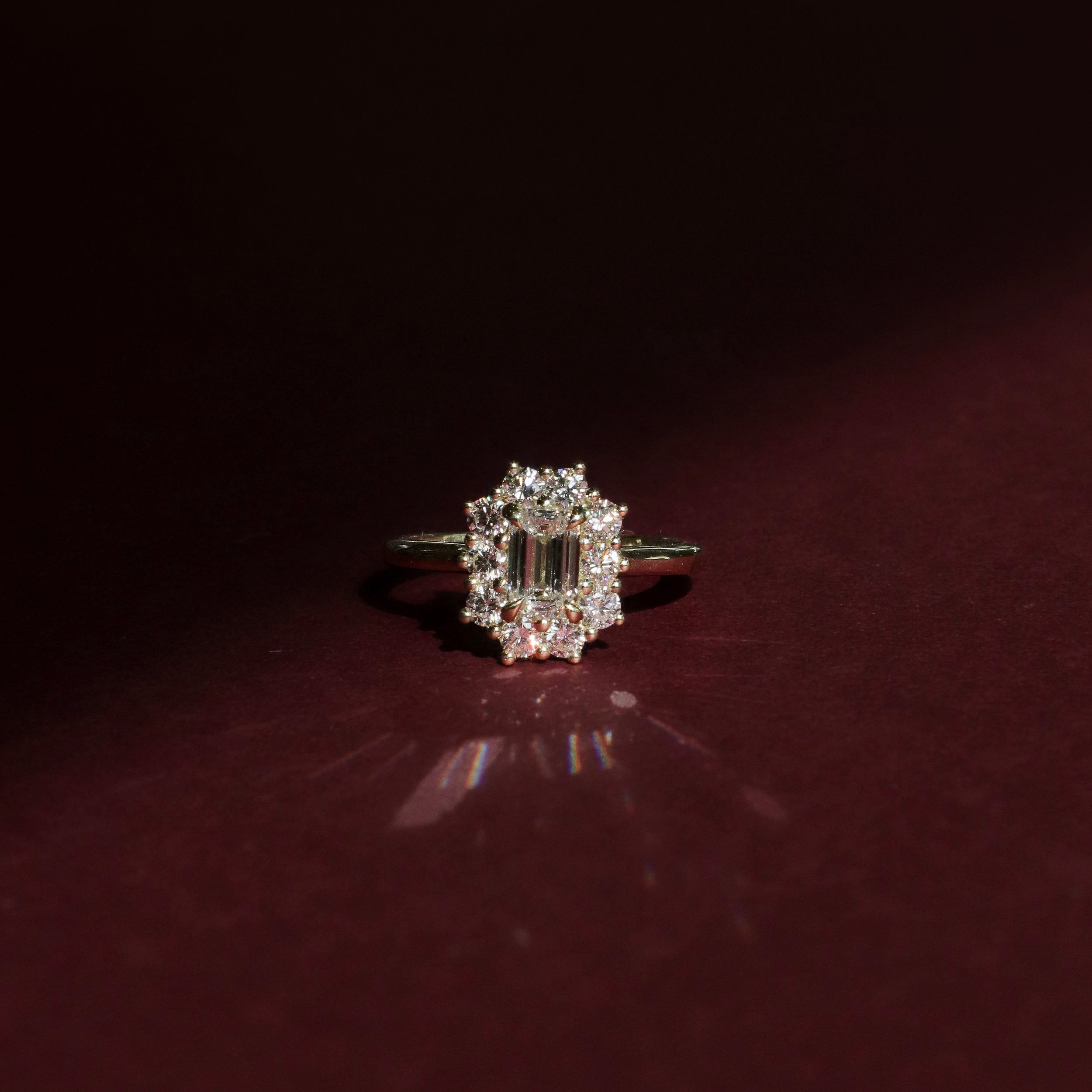 0.60 Carats Emerald Shape Moissanite Halo Engagement Ring