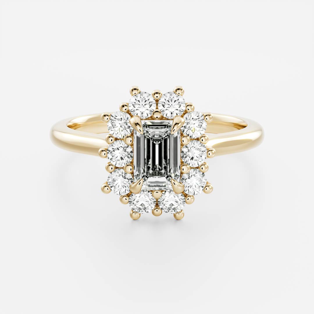 0.60 Carats Emerald Shape Moissanite Halo Engagement Ring