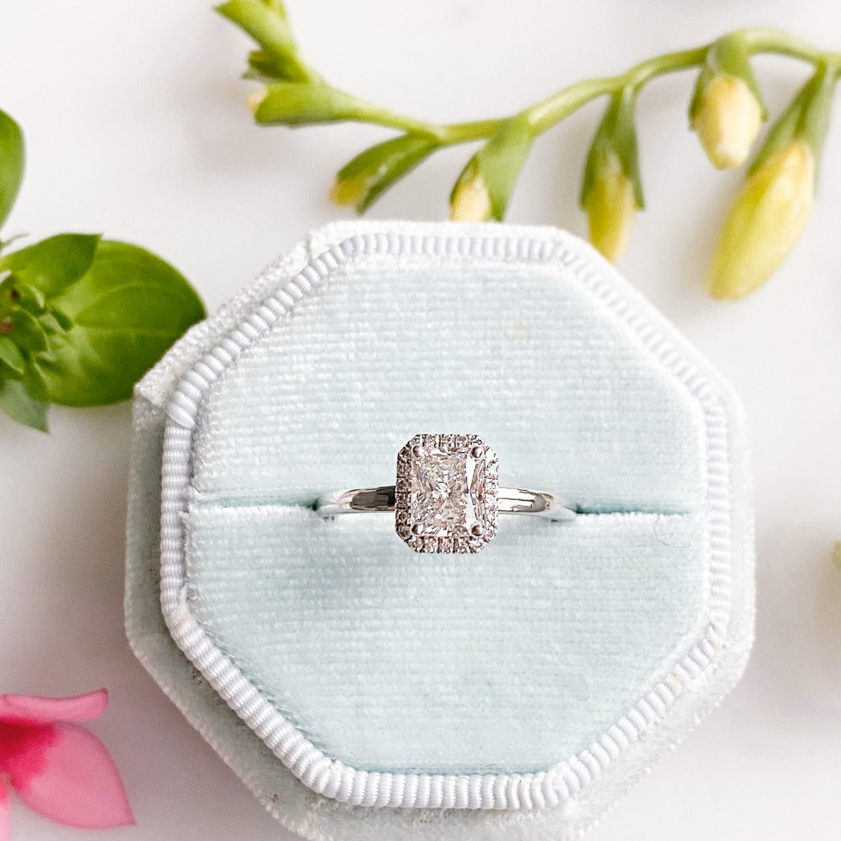 0.70 Carats Radiant Shape Moissanite Halo Engagement Ring